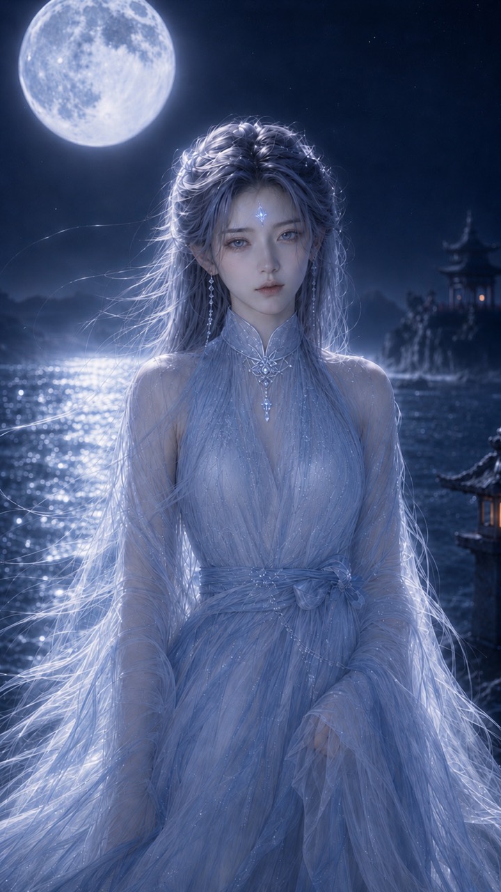 月下正面肖像，沄初的长发披落在立领衣装两侧